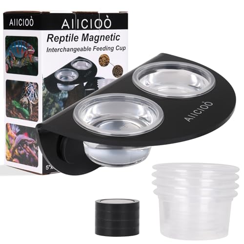 AIICIOO Gecko Feeder Ledge with 6 Pack Plastic Bowls Crested Gecko Food Dish Strong Magnetic Reptile Food Feeder Water Dish for Chameleon Bearded Dragon Tank Accessories - size: Feeding Ledge Black