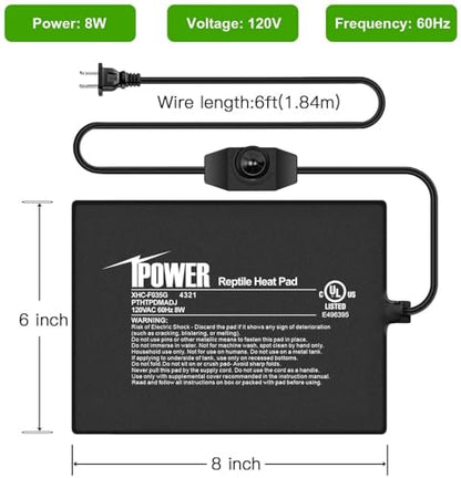 iPower 6 by 8 Inch Reptile Heating Pad with Temperature Adjustable Controller Knob, Under Tank Warmer Terrarium Heat Mat for Reptiles and Amphibians - size: 6 X 8 Inch, style: Heat Pad with Adjust Knob