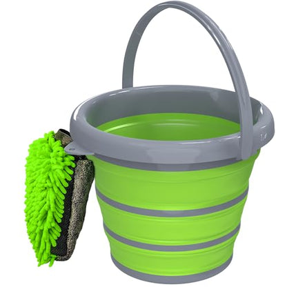 Collapsible Car Wash Bucket with Microfiber Mitt, 10L (2.6 Gallon) Portable Water Buckets with Handle for Car Wash Household Cleaning, Multiuse Collapsible Water Buckett and Car wash mitt - Green - color: Green