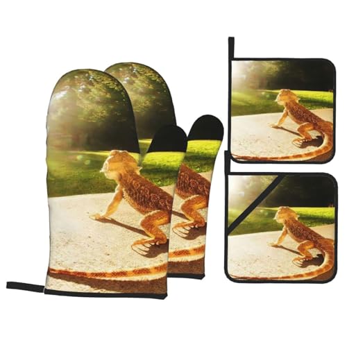 Beard Dragon Lizard Animal Reptile Heat Resistant Oven Mitts and Pot Holders Set of 4-500°f Protection Utensil Pocket for Grilling, Baking, Cooking