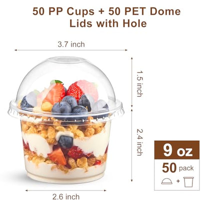 Kucoele 9 OZ Clear Plastic Cups with Dome Lids, 50 Pack | Dessert Cups, Parfait Cups, Party Serving Cups, For Yogurt, Fruit, Pudding and Ice Cream - size: 50 Pack