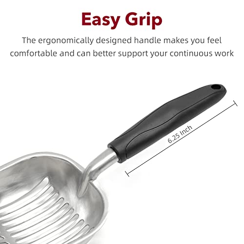 Cat Litter Scoop, Kitty Metal Scooper, Aluminum Alloy Sifter, Kitten Pooper Lifter, Deep Shovel, Long Handle, Poop Sifting, Durable, Heavy Duty, for Litter Box - color: Flat Aluminum-Black Handle, size: Large
