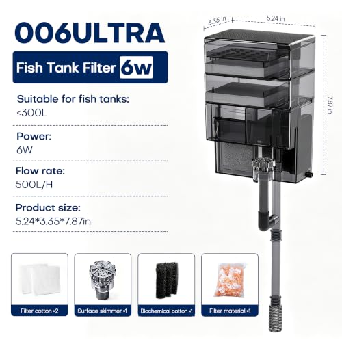 Hang on Back Aquarium Filter, 6W 500L/H Power Filter for ≤10Gal Fish Tank, 3-in-1 Biochemical Filtration with Dual-Layer Media Tray, Ultra-Quiet Aquarium HOB Filter(XP006) | Whisper Quiet Operation - size: XP006