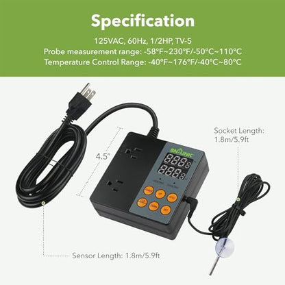 BN-LINK Temperature Controller Dual Thermostat Outlet for Heating Cooling | 2-Stage Outlet Digital Temp Controller Plug for Reptiles Aquarium Carboy Homebrew Breeding Fermenter, -58-230℉, 15A/1875W - style: T9