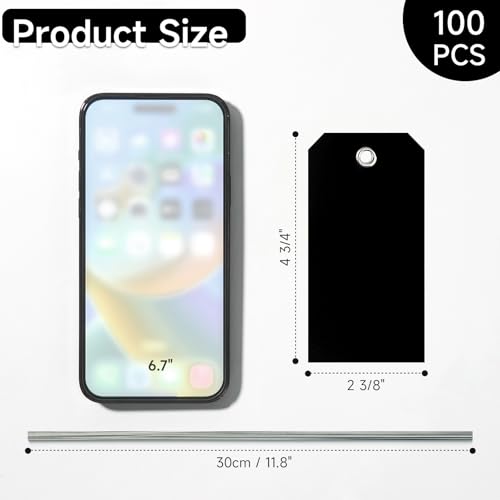 100 Pcs Waterproof Hanging Price Tags with String Attached - Black, 4 3/4" x 2 3/8" for Retail, Engraving, Gift, Equipment, Garage, Shelf Parts - color: Black, size: 4 3/4" x 2 3/8"