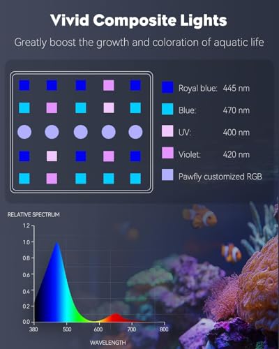 Pawfly 50 W Saltwater Aquarium Light for SPS & LPS Corals, Clip-On Dimmable LED Reef Light with Adjustable Brightness, Day/Night Modes, Timer, Blue RGB Violet UV Lighting for 1-40 Gallon Fish Tank - size: For 1 to 40 Gallon Fish Tank