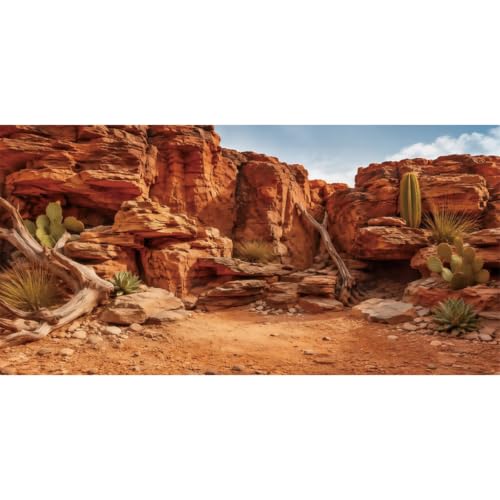 Desert Rock Cactus Reptile Habitat Background, 60x24 In Terrarium Backdrop | AWERT terrarium backdrop with weathered rock , driftwood, desert plants & sand substrate, polyester reptile habitat decor - size: 60x24in/150x60cm