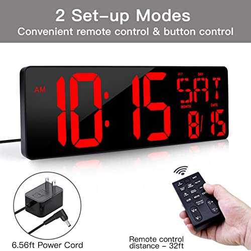 XREXS 17.2 Inch Large Digital Wall Clock with Remote Control | LED Large Display Count Up & Down Timer, Adjustable Brightness Plug-in Alarm Clock with Temperature for Home, Office, Gym - color: Red