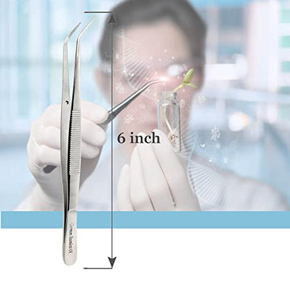 Lab Tweezers High Precision Forceps, 6" (15.2 cm), Fine Strong Angled Point tweezers, Stainless Steel - size: 6" Angled