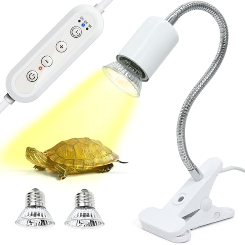 50W UVB/UVA Heat Lamp with Timer for Turtles & Reptiles White | 360° adjustable head with heavy-duty metal clamp; heat switch & timer. Provides basking warmth for tortoises & puppies. - color: White