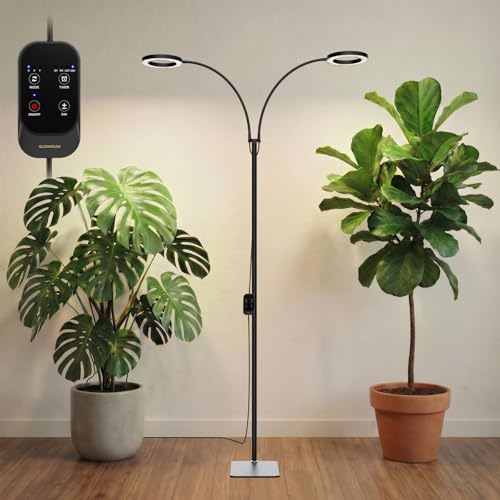 Grow Lights for Indoor Plants,Full Spectrum Plant Light with Stand | 36W Floor Grow Light with Adjustable Height, 3/9/12 Timer, Dimming & 3 Growth Modes for Houseplants, Herbs and Indoor Gardens - color: Black-Double Head