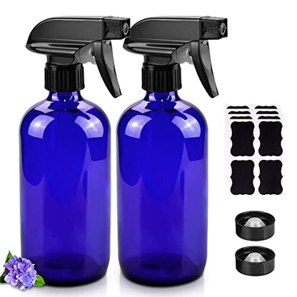 Worldgsb Glass Spray Bottles, 16oz Refillable Containers, Empty Boston Round Bottles with Labels & Adjustable Nozzle for Cleaning, Gardening, Aromatherapy, Pets, Plant, Hair -Blue (2 Pack) - color: Blue, style: 2 Pack