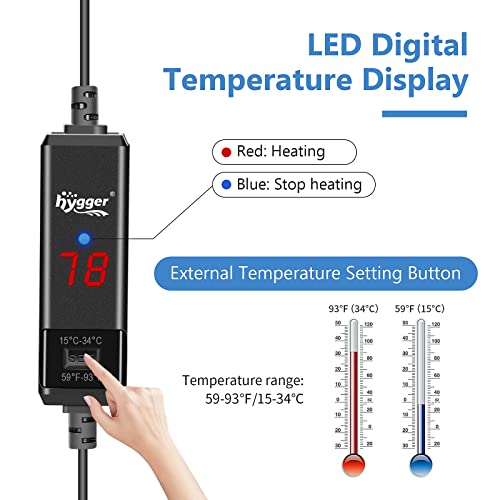hygger Small Aquarium Betta Heater, Submersible Fish Tank Heater 10W/25W/50W/100W with LED Digital Display, Suitable for Marine Saltwater and Freshwater up to 5/10/16/26 Gallon - size: 10W