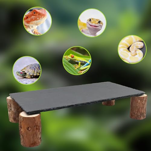 Bearded Dragon Basking Platform, Slate Rocks for Reptiles with Wooden Pile, Leopard Gecko Hides and Caves, Reptile Tank Accessories for Bearded Dragons, Geckos, Ball Pythons, Tortoise (Black, Large) - size: Large