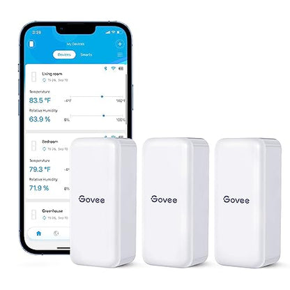 Govee Hygrometer Thermometer 3 Pack H5100, Mini Bluetooth Humidity Sensor | Temperature sensor with APP notification alert, export 2-yr data, 230 feet connecting range for home/greenhouse - style: 3 Sensors