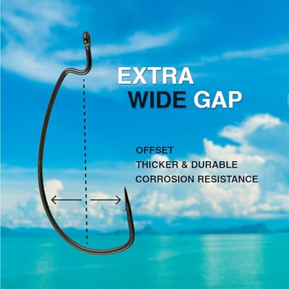 Reaction Tackle Offset EWG Worm Hooks - Super Strong Wide Gap Texas Rig Hooks for Soft Plastic Baits - High Carbon Steel Bass Fishing Hooks (25-Pack) - size: #1