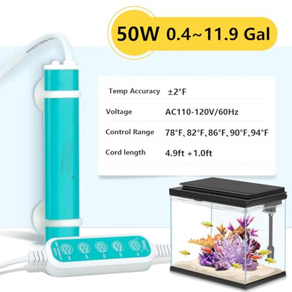 hygger Mini Submersible Aquarium Heater, Turtle and Betta Fish Tank Heater with Five-Key External Controller 78℉、82℉、86℉、90℉、94℉ for Freshwater Small Tank - size: 50W for 0.4~11.9Gal