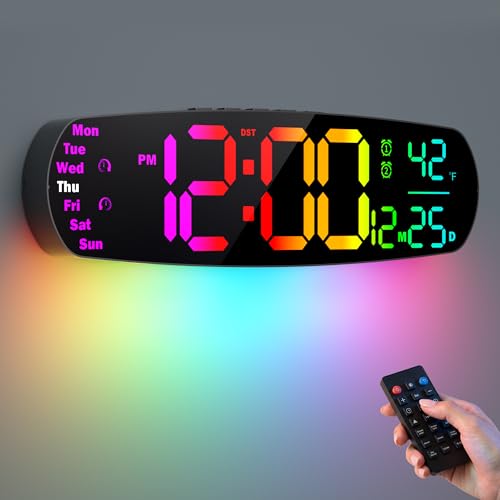 Large Digital Wall Clock for Classroom, 14.4 inch Large Display | Auto Dimming, Temperature and Date, Remote Control, Night Light, DST, Alarm, Wallclockfor Gym/Bedroom/Living/Seniors - color: Vibrant