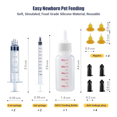 Kitten Bottle Feeding Kit, Newborn Nursing Bottle with Silicone Nipples, 10 FR Feeding Tube, Pet Pill Shooter, Aspirator Bulb, Small Animal Feeding Supplies for Kittens, Puppies, Rabbits, Squirrels