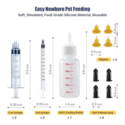 Kitten Bottle Feeding Kit, Newborn Nursing Bottle with Silicone Nipples, 10 FR Feeding Tube, Pet Pill Shooter, Aspirator Bulb, Small Animal Feeding Supplies for Kittens, Puppies, Rabbits, Squirrels