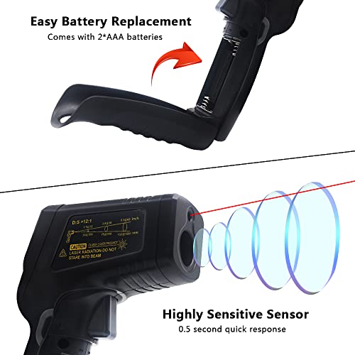 KETOTEK Infrared Thermometer Non Contact IR Digital Laser Temperature Gun -50℃～600℃ (-58℉～1112℉) Adjustable Emissivity Thermometer Gun for Cooking - color: Black