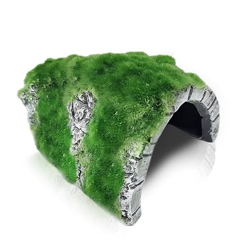 SunGrow Reptile Hideout Cave with Artificial Moss, Rock Habitat Shelter for Lizards, Snakes, Geckos, Frogs & Aquariums, Durable Resin Cave Decor, 6 x 3 x 4 Inches