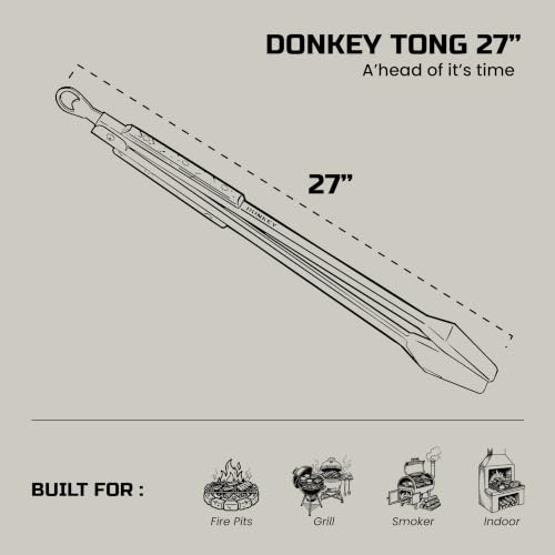 Donkey Tong 27" Heavy Duty BBQ Tongs | Extra Long Grill Tongs with Oak Wood Handle | Handmade Stainless Steel Meat Tongs for Grilling, Smoking, Charcoal & Campfire Cooking | BBQ Gift for Grill Masters