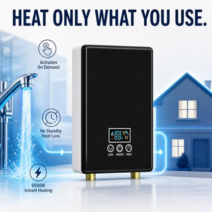 Tankless Electric Water Heater, 240V 6500W On-Demand Instant Hot Water Heater with Digital Display & Remote Control, Point-of-Use Under Sink for Kitchen, Laundry, RV, Bathroom - color: Black