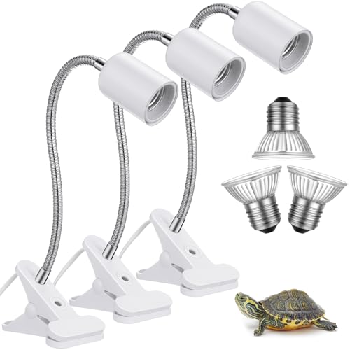 3 Set Reptile Heat Lamp UVA/UVB Turtle Heat Lamp Holder Fixture Clamp Basking Spot Adjustable 50w Full Spectrum Sun Sunbathe Bulb for Turtle Lizard Bearded Dragon Snake Aquarium Amphibian(White)