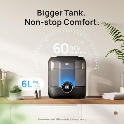 DREO 6L Humidifiers for Bedroom, 60H Runtime, 28 dB Quiet, HM524, Black - color: Black, size: 6L