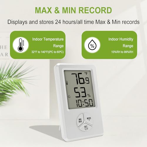 Urageuxy Digital Hygrometer Indoor Thermometer Humidity Meter with Temperature and Humidity Room Thermometer with Time Alarm Clock for Home, Bedroom, Baby Room, Office, Greenhouse, Cellar - style: No Backlight