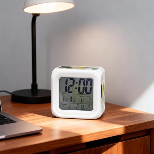 Abstract Ink Alarm Clock, Green Yellow Blue Ink Splatter Bubbles Drops Digital Clock Night Light with 7 Color, Calendar Temperature Display, NightLight Clock for Bedroom, 3.2x3.2in - color: Yellow,green,gray