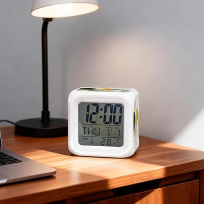 Abstract Ink Alarm Clock, Green Yellow Blue Ink Splatter Bubbles Drops Digital Clock Night Light with 7 Color, Calendar Temperature Display, NightLight Clock for Bedroom, 3.2x3.2in - color: Yellow,green,gray