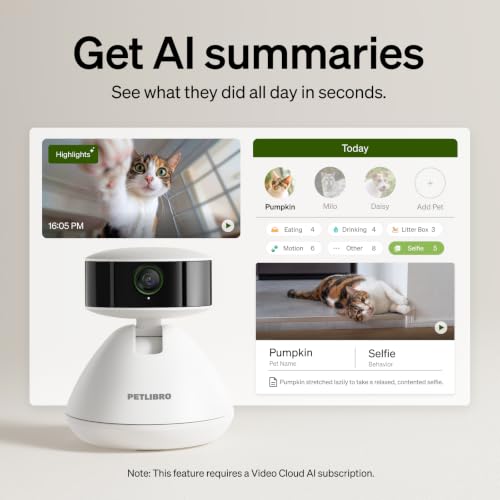 PETLIBRO AI Dog Camera Pet Camera Indoor with Phone App [Multi-Pet Recognition, Daily Activity Analysis & Smart Summaries] Cat Cam 360° View, 1080P Dog Cam Night Vision, 2-Way Audio Home Camera WiFi - color: White, size: with 7-Day AI Trial