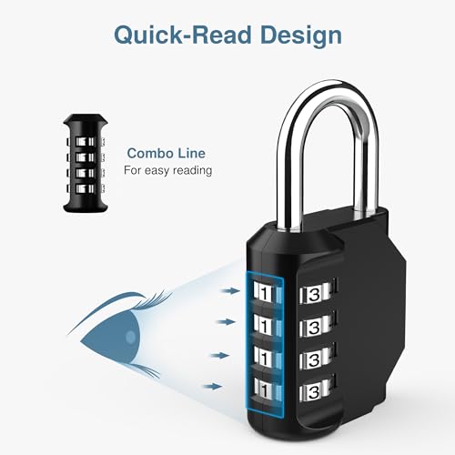 Puroma 1 Pack Combination Lock Locker 4 Digits Combo Padlock Gym Black | For School Gate Fence Toolbox Hasp Storage, Outdoor, Resettable, Weatherproof, Side Window, Crack Cut Resist, Hardened Steel - color: Black