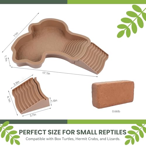 4 Pcs Tortoise Water Dish Reptile Bathing Pool with Ramp, Large Turtle Habitat Accessories Food Bowl for Box Turtle Bearded Dragon, Indoor Outdoor Enclosure Tank Feeding Basin - color: Khaki