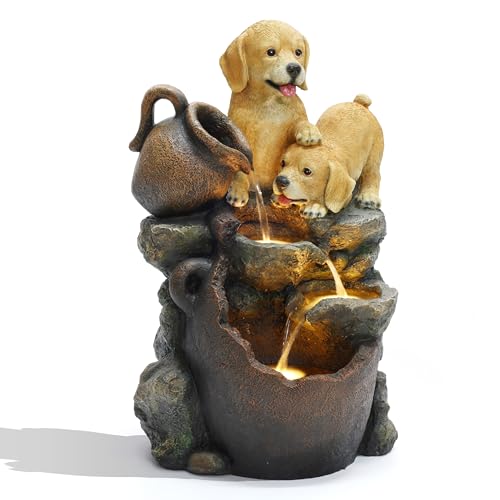 LuxenHome 25" Puppies and Pitchers Resin Outdoor Water Fountain with Lights | Indoor Outdoor Use Waterfall Decor with Farmhouse Pitchers Design, Garden Fountain with Warm LED Illumination - color: Brown B