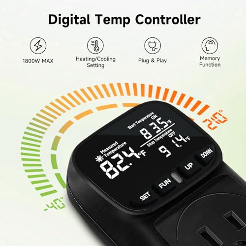 1800W Digital Thermostat for Reptile Tank, -40℉~210℉, Plug in Thermostat for Heater/Greenhouse with 5m/2m Cable, 15A Temperature Controlled Outlet with VA Display, Temp ±0.1°F, Black - color: Plug In-black