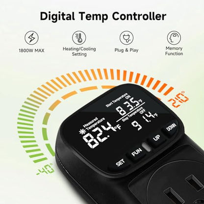 1800W Digital Thermostat for Reptile Tank, -40℉~210℉, Plug in Thermostat for Heater/Greenhouse with 5m/2m Cable, 15A Temperature Controlled Outlet with VA Display, Temp ±0.1°F, Black - color: Plug In-black