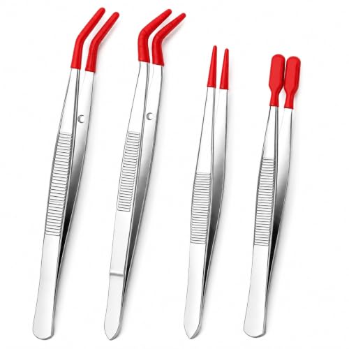 4 Pcs Rubber Tip Tweezers Set, Non-Scratch PVC Coated Tips - Fine Point, Flat & Bent Head Tweezers for Crafts, Jewelry Making, Electronics, Eyelash Extensions - Red - color: Red