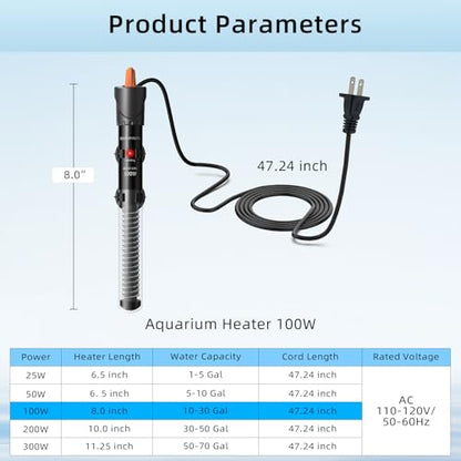 HiTauing Aquarium Heater 25W/50W/100W/200W/300W, Adjustable Knob Fish Tank Heater with Digital Thermometer, Submersible Betta/Turtle Tank Heater for Freshwater and Saltwater Tanks - size: 100W for 10-30 gallon