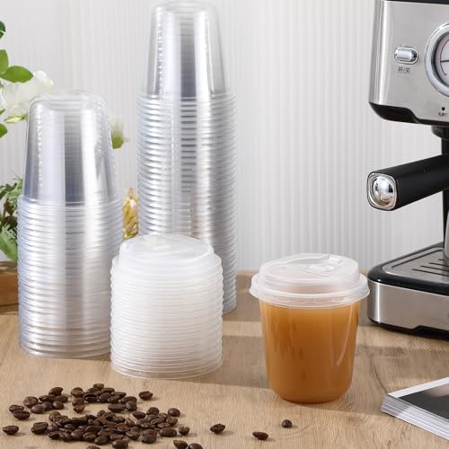 Baderke 100 Sets 12 oz Clear Plastic Cups with Lids,Sturdy Iced Coffee Cups with lids, Disposable Plastic Smoothie Cup for Cold Drinks - size: 12oz