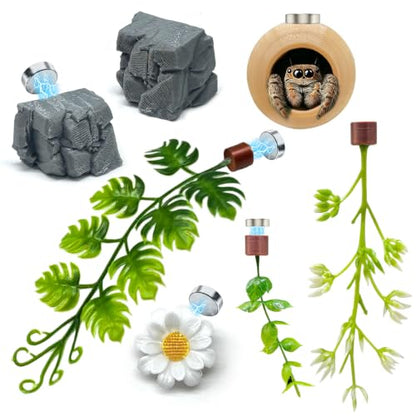 7 Pcs Jumping Spider Accessories Set, Magnetic Hide Cave Rock Ornament Artificial Plants Vines, Reptile Tank Accessories for Jumping Spider Mantis