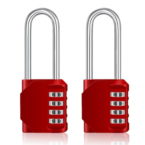 ZHEGE Padlock 2 Pack, Long Shackle Combination Lock Weatherproof (Red) | 4.53" Overall Height, 2.62" Shackle Height, 4 Digit Number Lock for School Gym Locker, Outdoor Padlock for Fence, Gate - color: 2P, Red