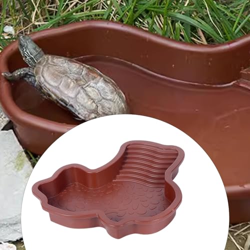 Reptile Bathing Pool with Ramp, Turtle Water Dish and Feeding Basin for Aquarium Habitat Decor, Brown