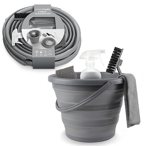 SIMPLEMADE Collapsible Bucket Cleaning Set - Includes 2 Foldable Buckets, Spray Bottle, Rag, Scrubbing Brush and Sponge - Holds Up to 10 liters, Easy Storage, All-Purpose Cleaning Solution - color: Gray