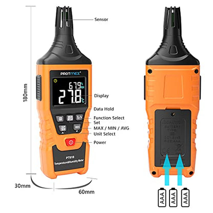 PT618 Temperature Humidity Meter - Wet Bulb for Indoor/Outdoor | Thermometer Hygrometer Monitor with Ambient, Dew Point, MIN, MAX, Data Hold, LCD Backlight - size: PT618