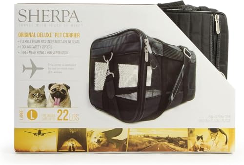 Sherpa Original Deluxe Travel Pet Carrier, Airline Approved - Black, Large - size: 19.0"L x 11.8"W x 11.5"H