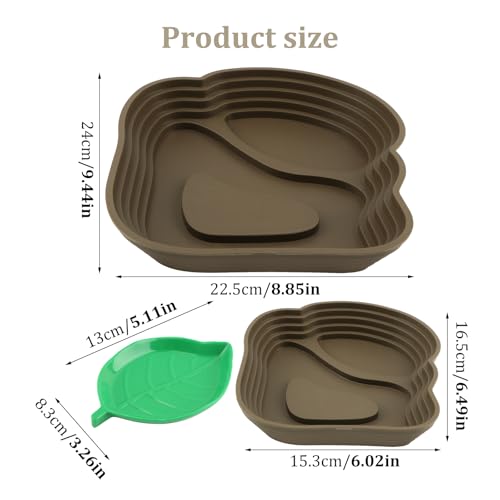 3 Pcs Aquatic & Terrestrial Reptiles Bathing Pool Set, Turtle Water Bowl | 2 Pcs Tortoise Water Dish in 2-Size with Ramps and Feeding Dish - color: Light Brown【2 x Water Dish,1 x Feeding Dish】