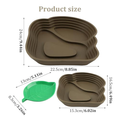 3 Pcs Aquatic & Terrestrial Reptiles Bathing Pool Set, Turtle Water Bowl | 2 Pcs Tortoise Water Dish in 2-Size with Ramps and Feeding Dish - color: Light Brown【2 x Water Dish,1 x Feeding Dish】